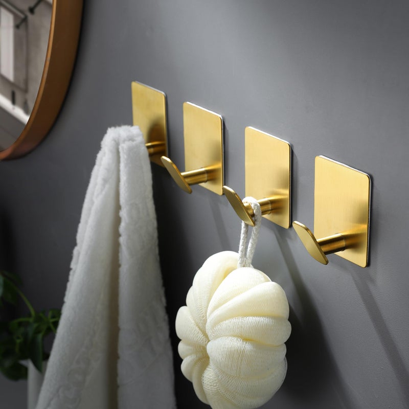 DELITON Gold Towel Hooks- 4 Pack Adhesive Hook for Coat Robe Clothes Stick on Bathroom Wall Brushed Gold Finish Heavy Duty, Stainless Steel - Image 2