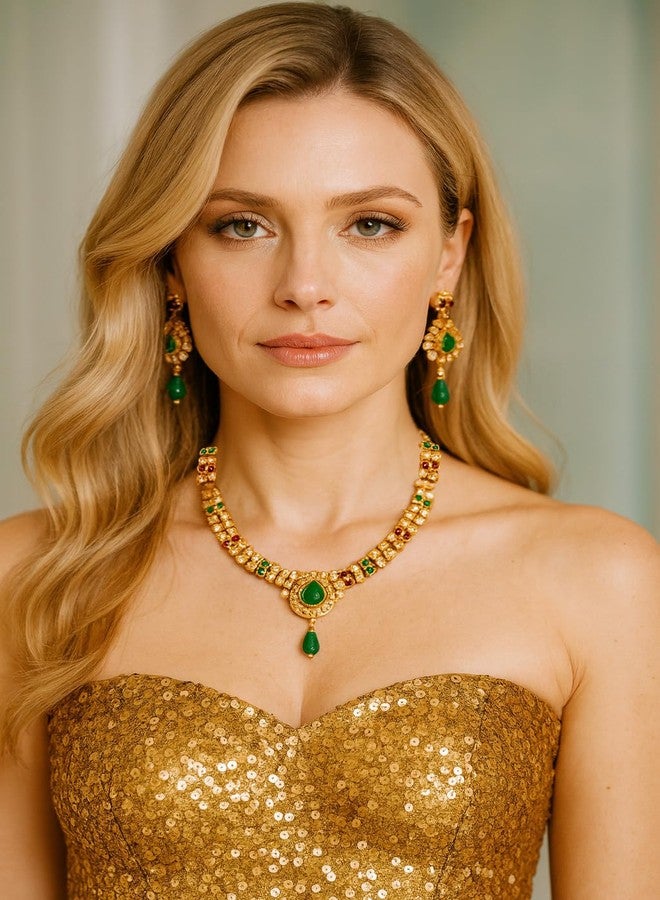 Touchstone Indian Bollywood Traditional Handcrafted Studded Look Rhinestones Faux Ruby Red Emerald Green Pretty Wedding Designer Jewelry Necklace Set In Antique Gold Tone For Women - Image 2