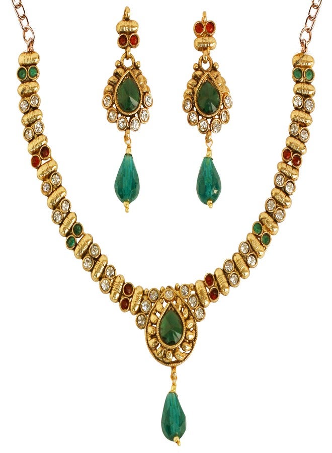 Touchstone Indian Bollywood Traditional Handcrafted Studded Look Rhinestones Faux Ruby Red Emerald Green Pretty Wedding Designer Jewelry Necklace Set In Antique Gold Tone For Women - Image 1