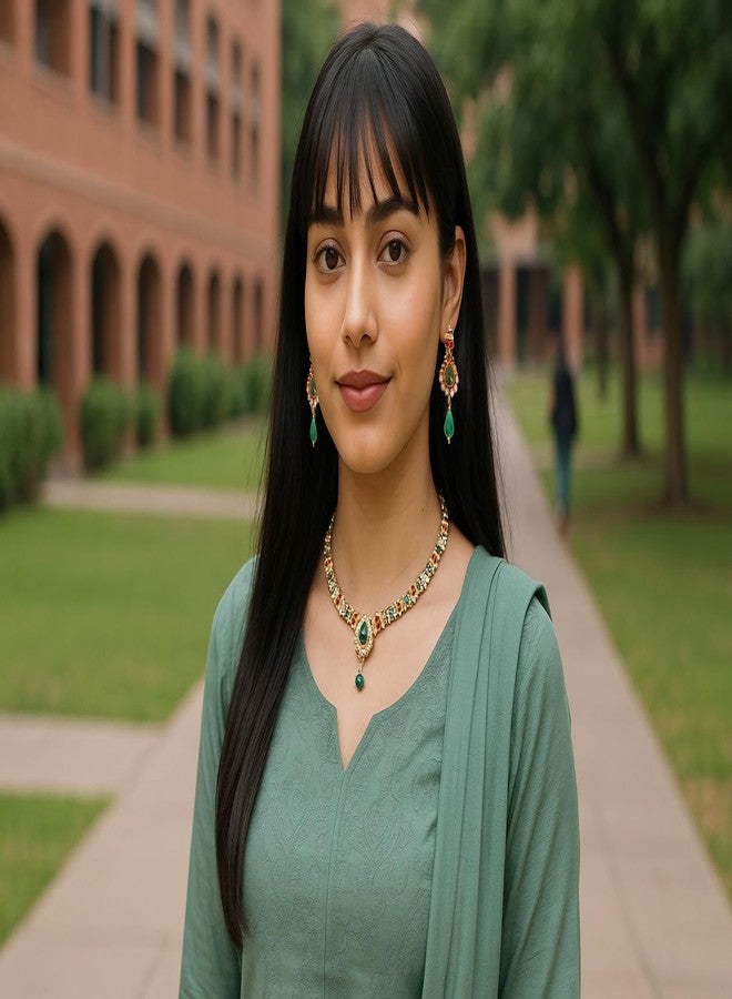 Touchstone Indian Bollywood Traditional Handcrafted Studded Look Rhinestones Faux Ruby Red Emerald Green Pretty Wedding Designer Jewelry Necklace Set In Antique Gold Tone For Women - Image 3