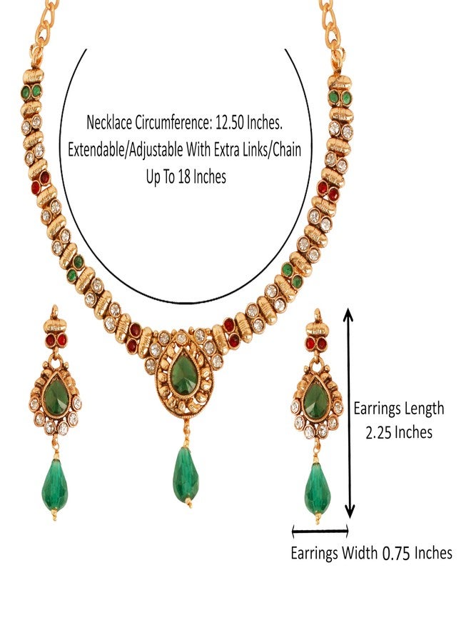 Touchstone Indian Bollywood Traditional Handcrafted Studded Look Rhinestones Faux Ruby Red Emerald Green Pretty Wedding Designer Jewelry Necklace Set In Antique Gold Tone For Women - Image 5
