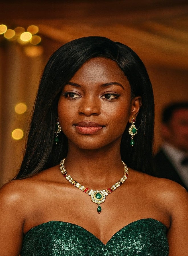 Touchstone Indian Bollywood Traditional Handcrafted Studded Look Rhinestones Faux Ruby Red Emerald Green Pretty Wedding Designer Jewelry Necklace Set In Antique Gold Tone For Women - Image 4