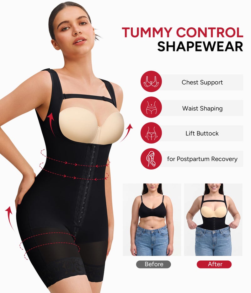 Nebility Fajas Colombianas Moldeadoras Tummy Control Shapewear for Women Postpartum Body Shaper Waist Trainer Bodysuit (Black, Medium) - Image 2