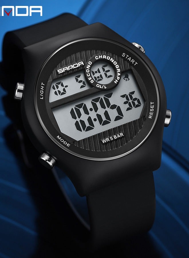 Sanda ساعة رجالية بسوار سيليكون 48 مم بشاشة LED مضيئة مقاومة للماء حتى عمق 50 متر، لون أسود - Image 4