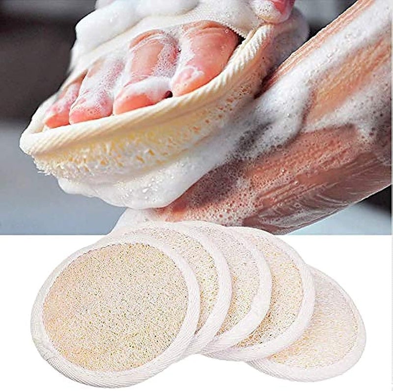 Loofah Pads Pack of 5  Exfoliating Scrubbing Sponges  Natural Luffa Material  Essential Skin Care Product  for ShowerBath  Fibrous Texture  Perfect for FaceBody Wash  Wet It and Apply Soap