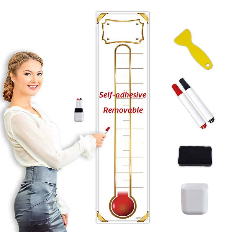 JJPRO Fundraising Thermometer Chart Goal Tracker Decal - 48""x12"" - Dry Erase Goal Setting Wall Poster Thermometer - Removable Giant Sales Goal Vinyal Sticker - Image 1