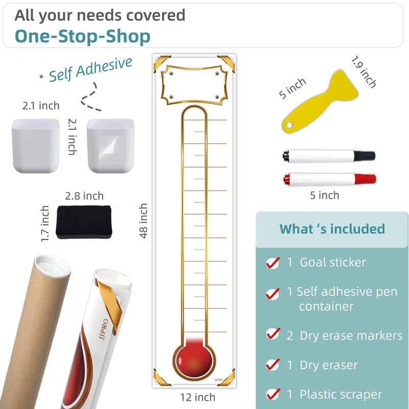 JJPRO Fundraising Thermometer Chart Goal Tracker Decal - 48""x12"" - Dry Erase Goal Setting Wall Poster Thermometer - Removable Giant Sales Goal Vinyal Sticker - Image 2