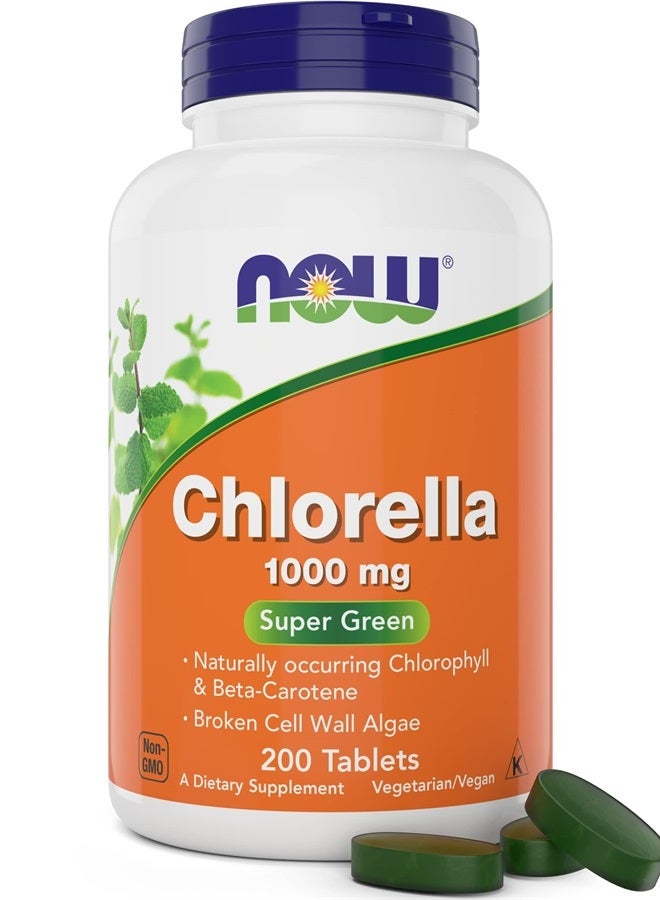 Now Chlorella Tablets,1000mg, 200 Tabs - Premium, Non-GMO Microalgae - Green Superfood Supplement - Image 1