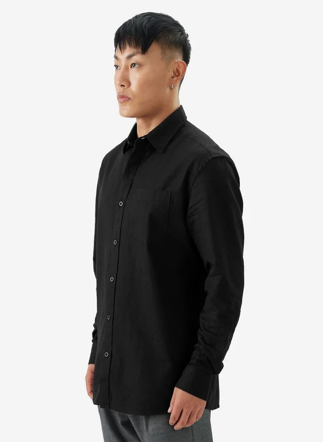 The Souled Store  The Souled Store Men Regular Fit Solid Black Cotton Linen Shirt  | Best Price UAE