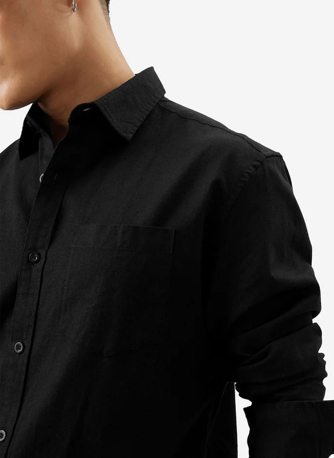 The Souled Store  The Souled Store Men Regular Fit Solid Black Cotton Linen Shirt  | Best Price UAE