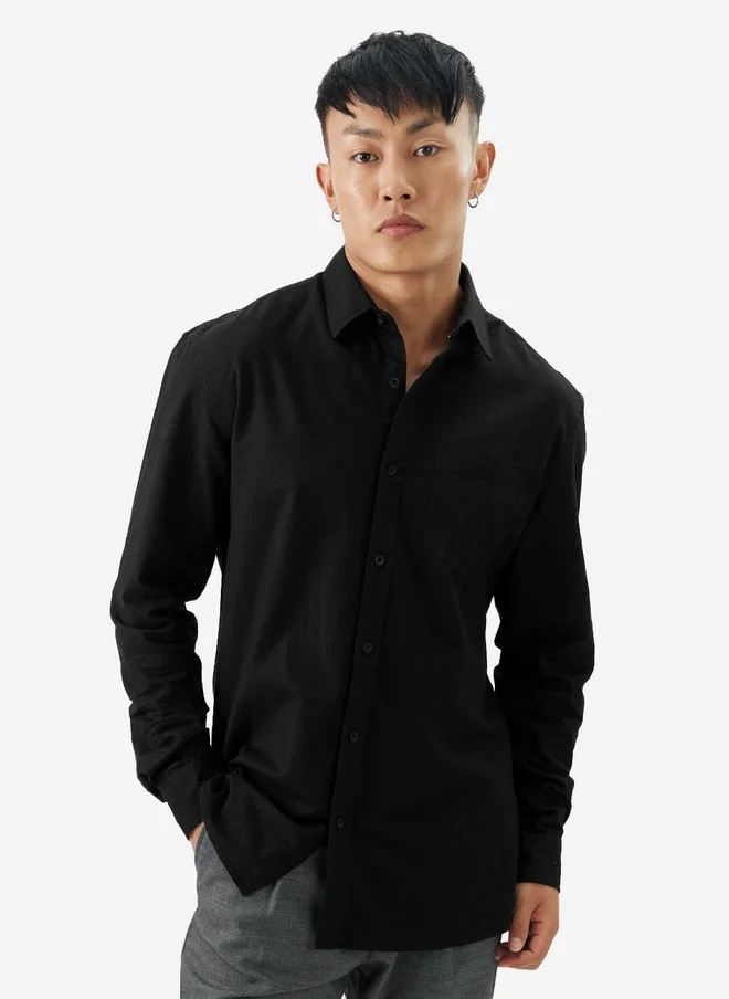 ذا سوليد ستور The Souled Store Men Regular Fit Solid Black Cotton Linen Shirt