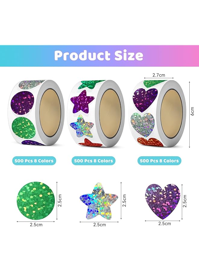 erorex 1500Pcs Glitter Star Stickers Heart Stickers Round Stickers Foil Shiny Stickers For Kids Reward Decoration Or Gifts 1 Inch Colorful Stickers For Diy Crafts Party Classroom Teacher Supplies - Image 2