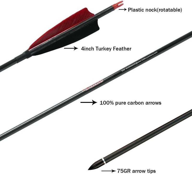 Linkboy Archery Pure Carbon Arrows Spine 300 340 400 500 600 700 800 900 1000 for Compound Recurve Bow Hunting Shooting Target 12pcs - Image 1