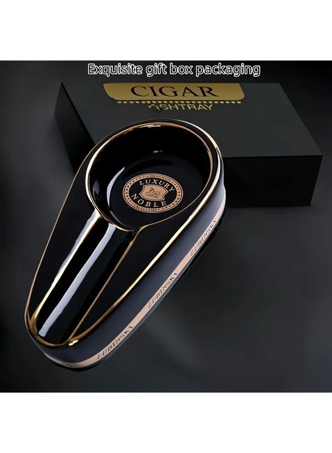 Black Ceramic Ashtray Handmade Square Cigar Holder Golden Accents High Temp Firing Durable Home Hotel Restaurant Gift - Image 1