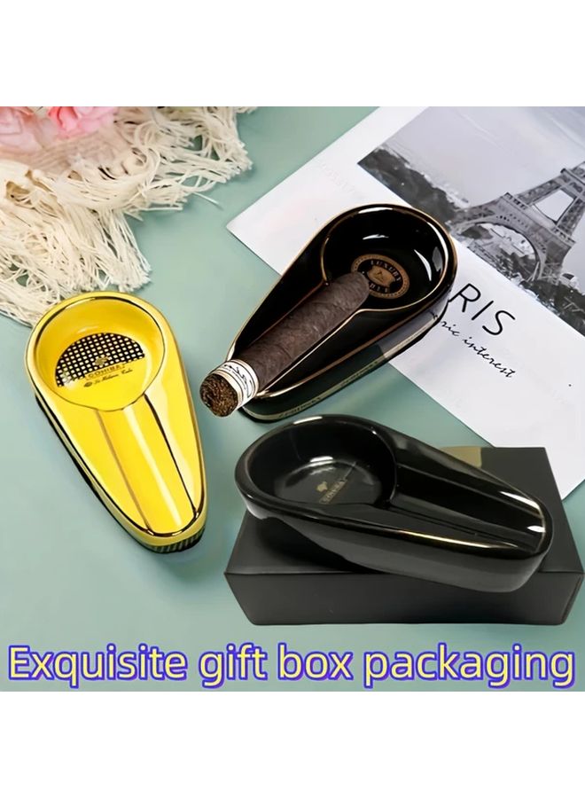 Black Ceramic Ashtray Handmade Square Cigar Holder Golden Accents High Temp Firing Durable Home Hotel Restaurant Gift - Image 2