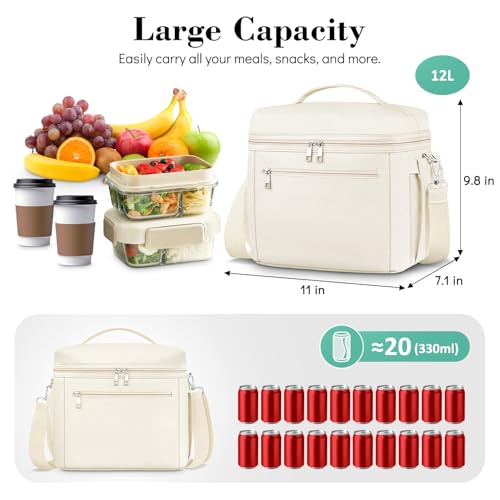DALINDA Insulated Lunch Bag for Women,13L Large Capacity Lunch Box Cooler Bag Lightweight Nylon Waterproof Lunch Box LunchBags for Work (Cream,Beige) - Image 2