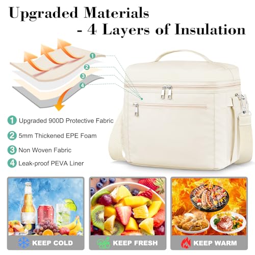 DALINDA Insulated Lunch Bag for Women,13L Large Capacity Lunch Box Cooler Bag Lightweight Nylon Waterproof Lunch Box LunchBags for Work (Cream,Beige) - Image 5