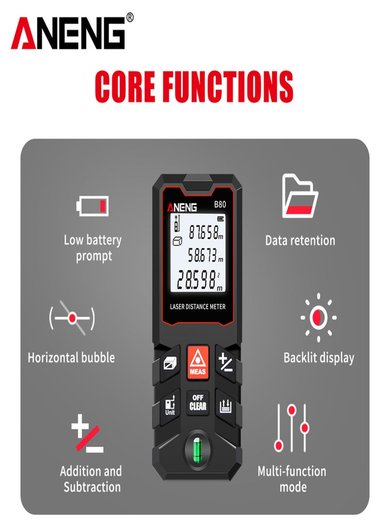 ANENG ANENG 80m Measure LCD Digital Distance Meter with Bubble Level Mini Range Finder Distance/ Area/ Volume/ Pythagorean Measuring Tool Unit Switching Data Storage - Image 3