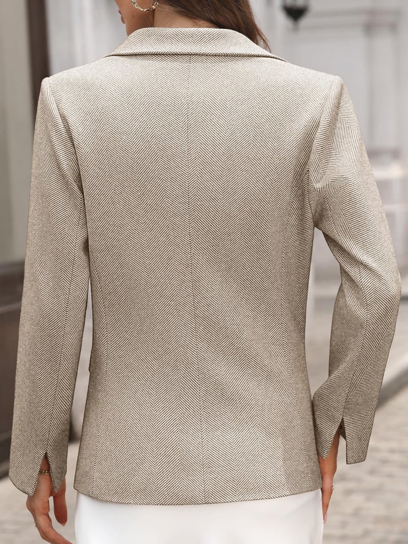 ELLEVEN Womens Business Casual Herringbone Tweed Blazers 2 Button Jackets Slim Fit Lightweight Long Sleeve Suit Work Office Blazer with Pockets Dressy Trendy Outfits Fall Winter Apricot Large - Image 2