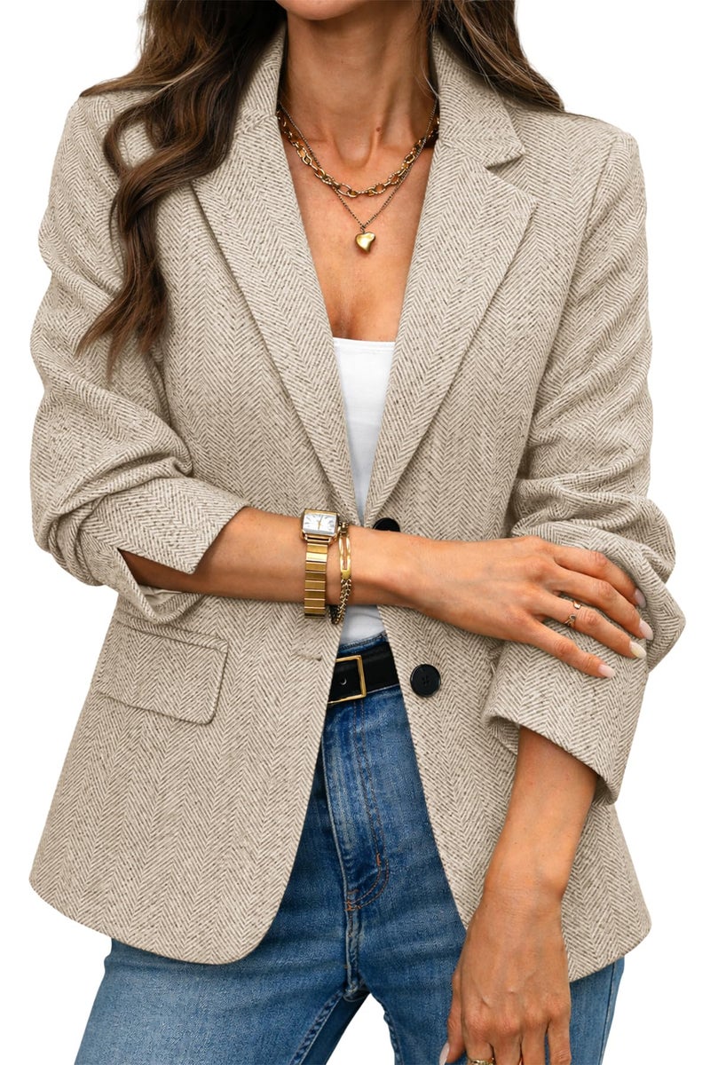 ELLEVEN Womens Business Casual Herringbone Tweed Blazers 2 Button Jackets Slim Fit Lightweight Long Sleeve Suit Work Office Blazer with Pockets Dressy Trendy Outfits Fall Winter Apricot Large - Image 1