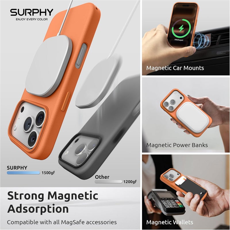 SURPHY Designed for iPhone 17 Pro Leather Case, Compatible with MagSafe Wireless Charging Faux Leather Case with Metallic Buttons and Microfiber Lining for 17 Pro 6.3 inch 2025, Orange - Image 3