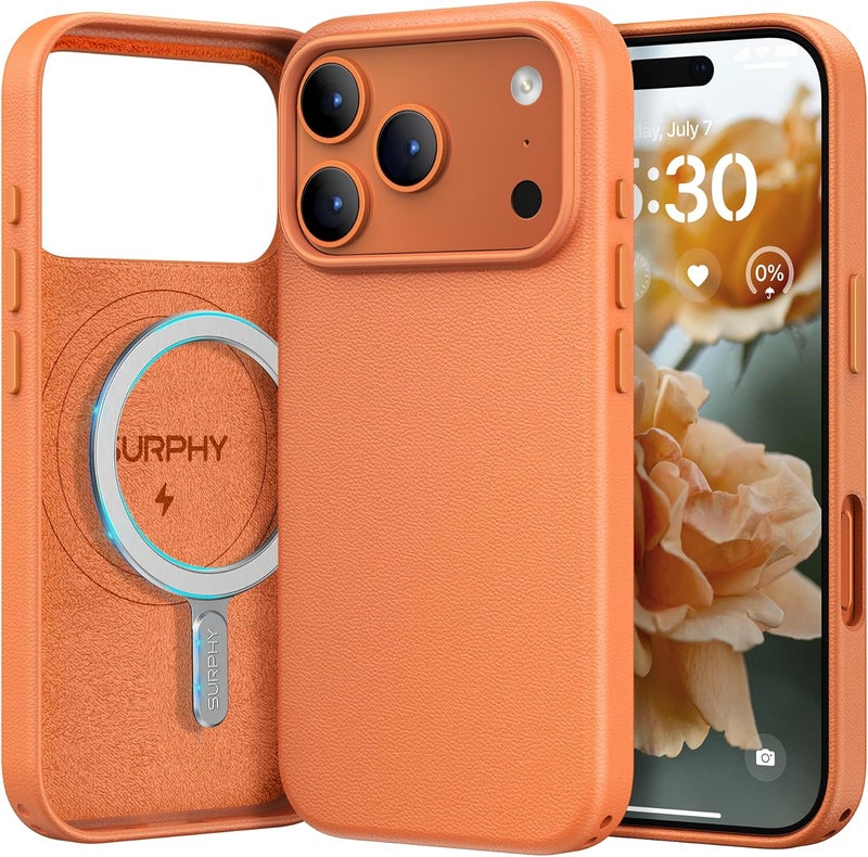 SURPHY Designed for iPhone 17 Pro Leather Case, Compatible with MagSafe Wireless Charging Faux Leather Case with Metallic Buttons and Microfiber Lining for 17 Pro 6.3 inch 2025, Orange - Image 1