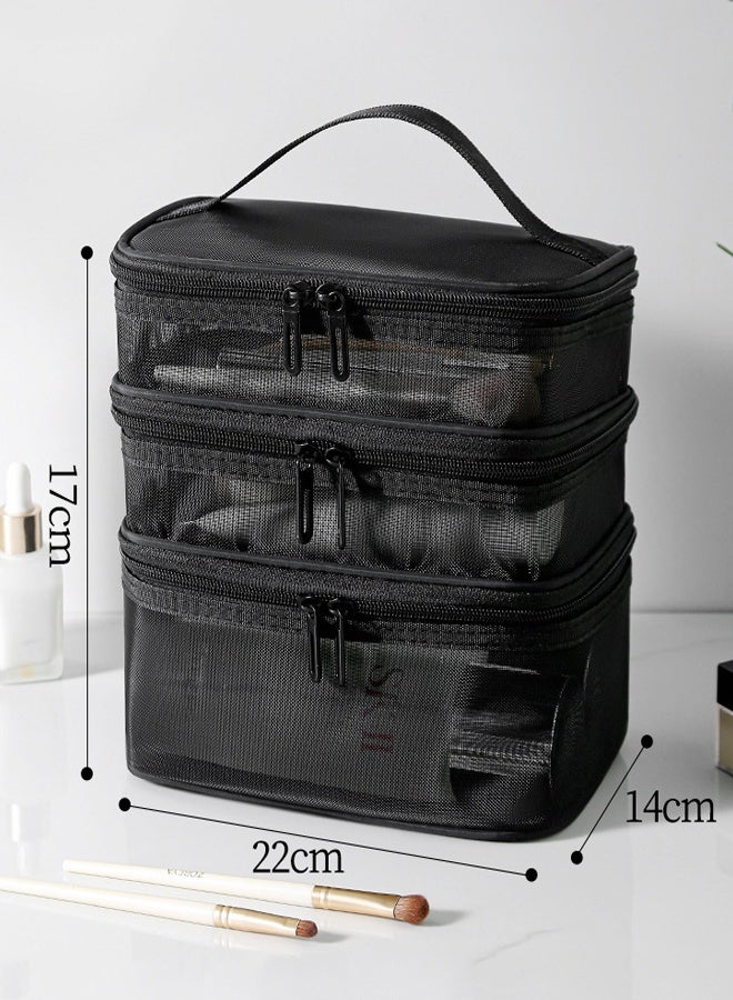 Cosmetic Bag Travel Makeup Bag Mesh Double Layer Large Makeup Pouch Travel Accessories Essentials Toiletry Bag for Women Makeup Travel Organizer (three layers black)  - Image 3