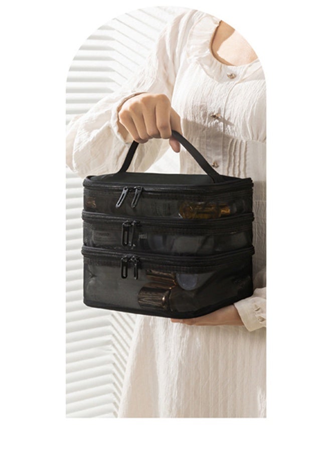 Cosmetic Bag Travel Makeup Bag Mesh Double Layer Large Makeup Pouch Travel Accessories Essentials Toiletry Bag for Women Makeup Travel Organizer (three layers black)  - Image 5