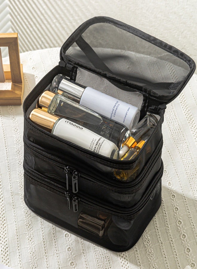 Cosmetic Bag Travel Makeup Bag Mesh Double Layer Large Makeup Pouch Travel Accessories Essentials Toiletry Bag for Women Makeup Travel Organizer (three layers black)  - Image 2