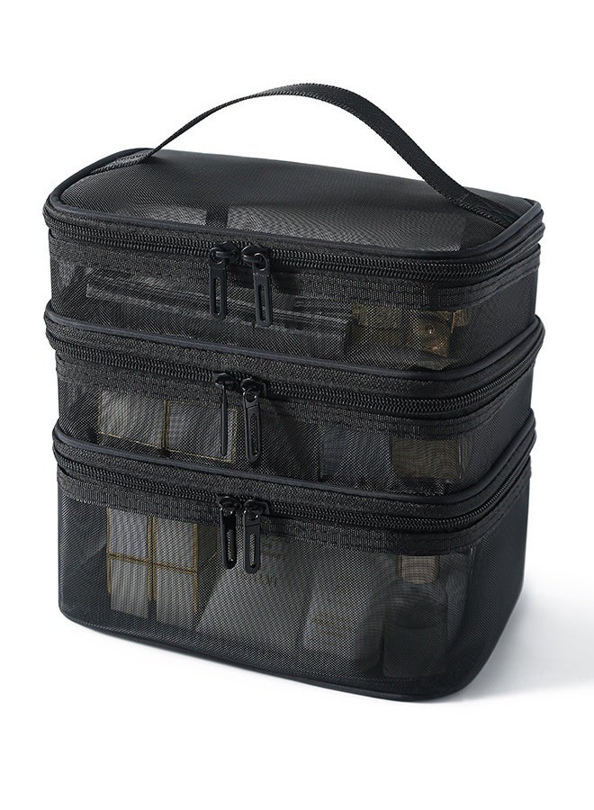 Cosmetic Bag Travel Makeup Bag Mesh Double Layer Large Makeup Pouch Travel Accessories Essentials Toiletry Bag for Women Makeup Travel Organizer (three layers black)  - Image 1