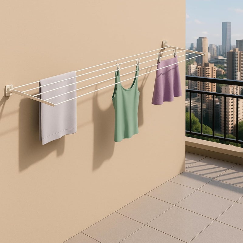 Boniry Foldable Wall Mounted Cloth Drying Stand with 40 Feet Rope and Fasteners Set for Clothes Hanger for Home, Balcony Cloth Drying Rack (Powder Coated, Metal) - Image 2