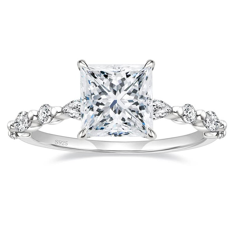 EAMTI 2CT 925 Sterling Silver Ring Princess Cut CZ Engagement Ring Marquise & Round Cubic Zirconia Wedding Band for Women Size 7 - Image 1