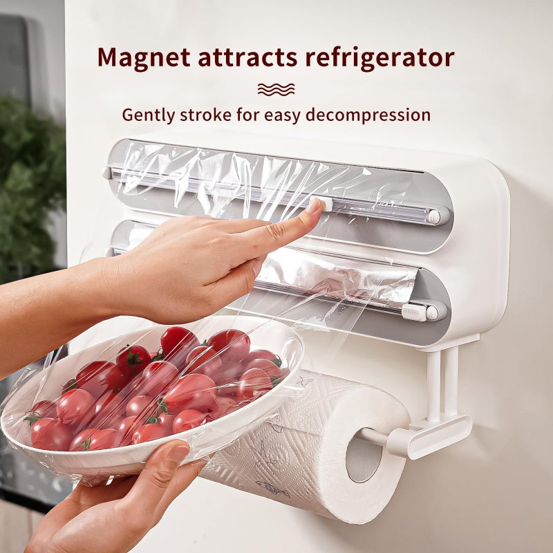 Rasunkae 3 in 1 Aluminum Foil and Plastic Wrap Organize Dispenser with Cutter, Magnetic Paper Towel Holder for Fridge, Includes 1 Roll of Cling Film - Image 2