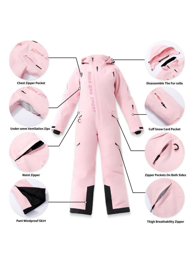 MOUS ONE Women One Pieces Ski Suits Waterproof Warm Insulated Ski Jumpsuit Removable Hood Snowsuit for Snow Sport(Pink 1, Medium) - Image 5