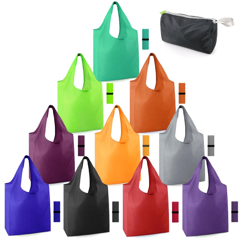 BeeGreen ReusableGroceryBagsFoldableMachineWashableReusableShoppingBagsBulk Colorful 10 Pack 50LBS Extra Large Folding Reusable Bags Totes w Zipper Storage Pouch Lightweight Polyester Fabric