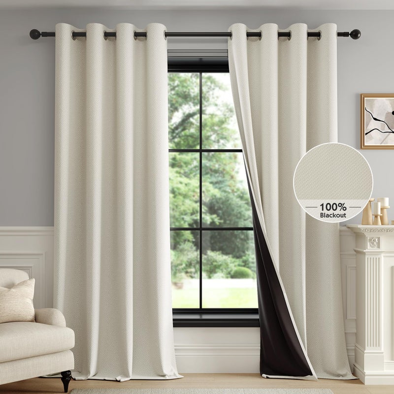 FMFUNCTEX 100% Beige Blackout Curtains for Bedroom, Cream Weave Textured Curtains 84 Inches Long Thermal Insulated Curtains for Living Room, Farmhouse Drapes Grommet Room Darkening 2 Panels - Image 1
