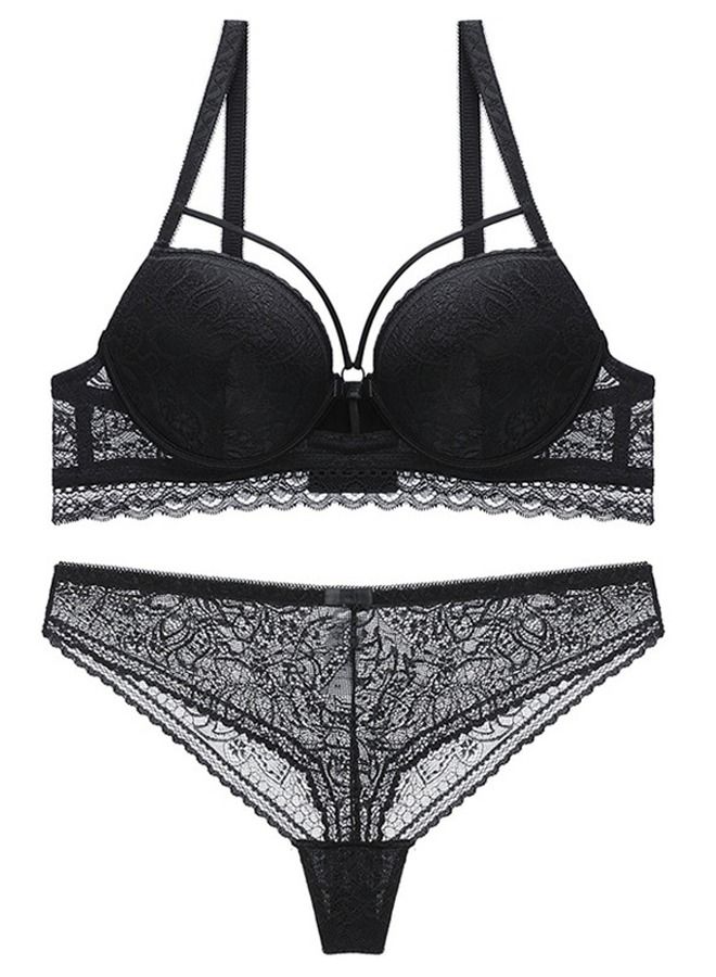 Loquat Solid Color B Cup Lace Bra Panty Set Black 