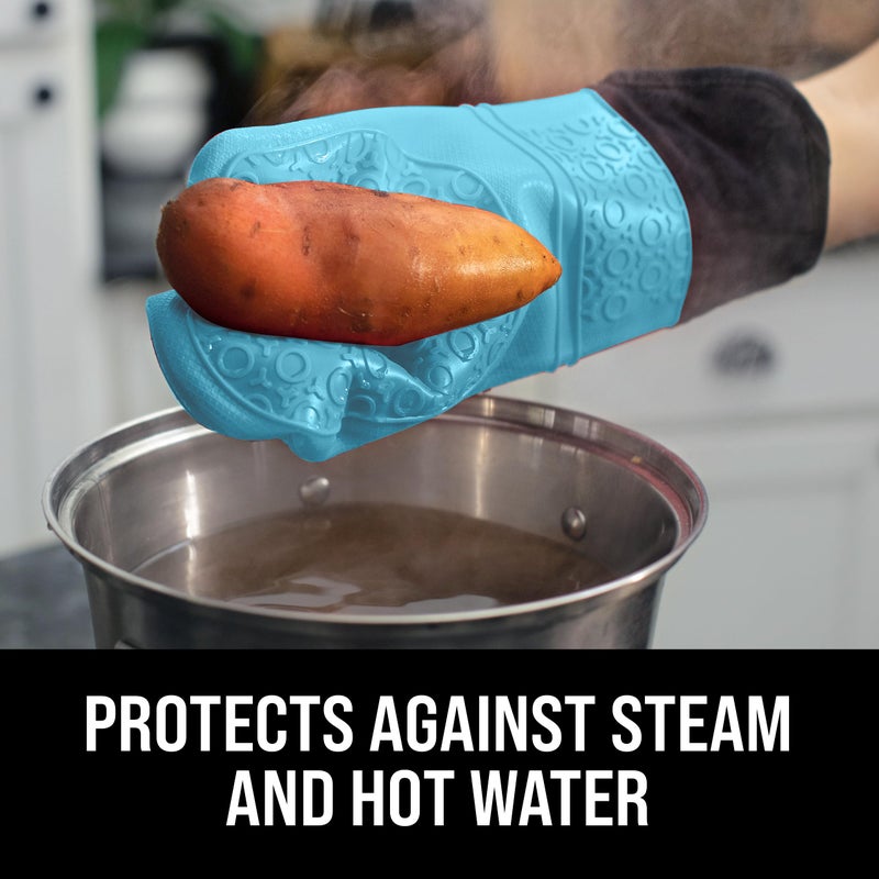 HOMWE BPA-Free Soft Silicone Oven Mitts - Ultra Heat Resistant Oven Mitts with Thick Cotton Liner - Extra Long Slip Resistant Pot Holders, Flexible Oven Gloves - Aqua/Black 14.7" - Image 4