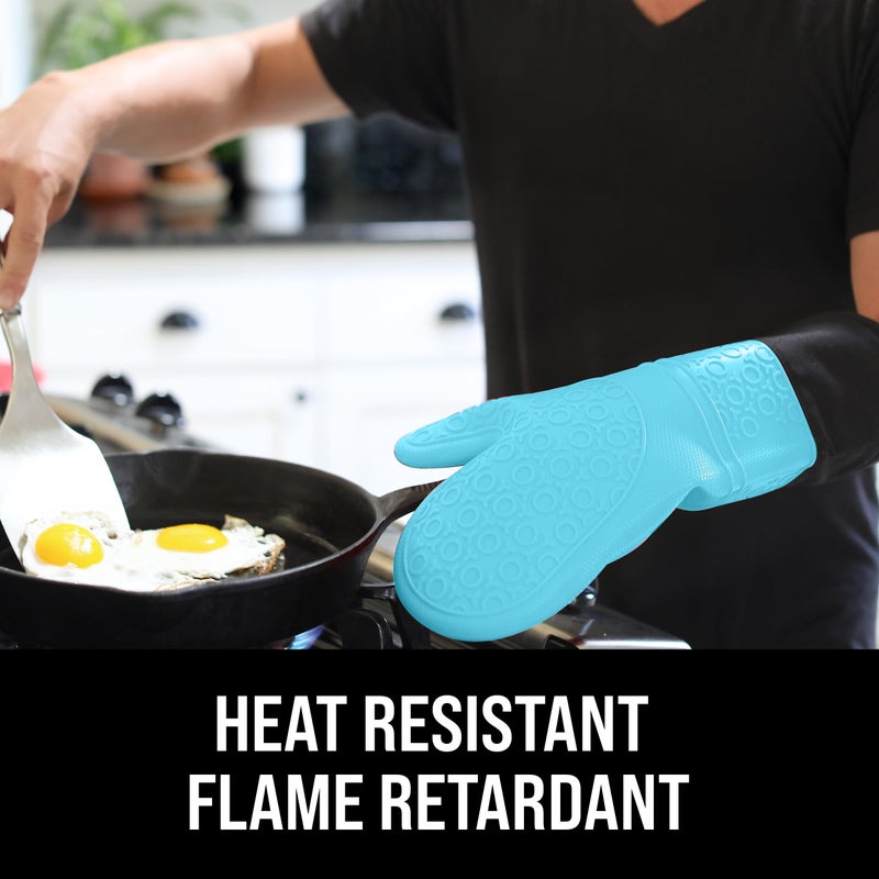HOMWE BPA-Free Soft Silicone Oven Mitts - Ultra Heat Resistant Oven Mitts with Thick Cotton Liner - Extra Long Slip Resistant Pot Holders, Flexible Oven Gloves - Aqua/Black 14.7" - Image 3