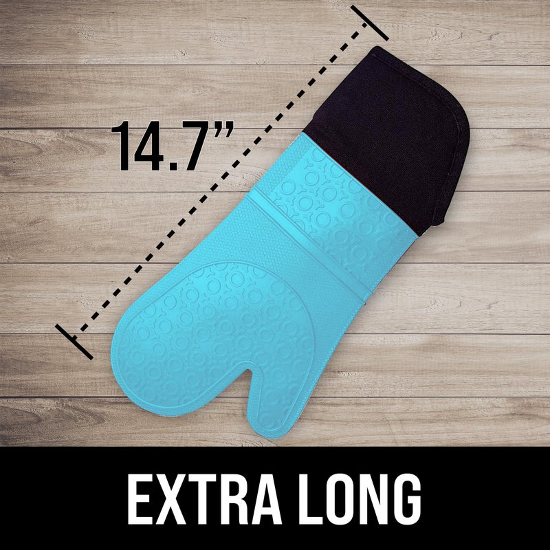 HOMWE BPA-Free Soft Silicone Oven Mitts - Ultra Heat Resistant Oven Mitts with Thick Cotton Liner - Extra Long Slip Resistant Pot Holders, Flexible Oven Gloves - Aqua/Black 14.7" - Image 2