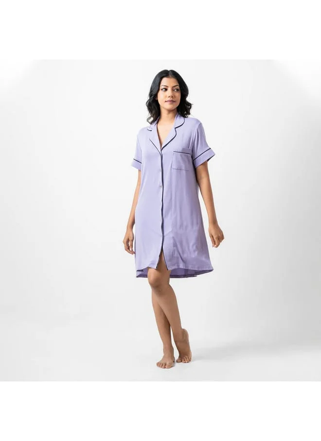 Aadaraya Aadaraya Solid Sleepshirt with Short Sleeves and Chest Pocket