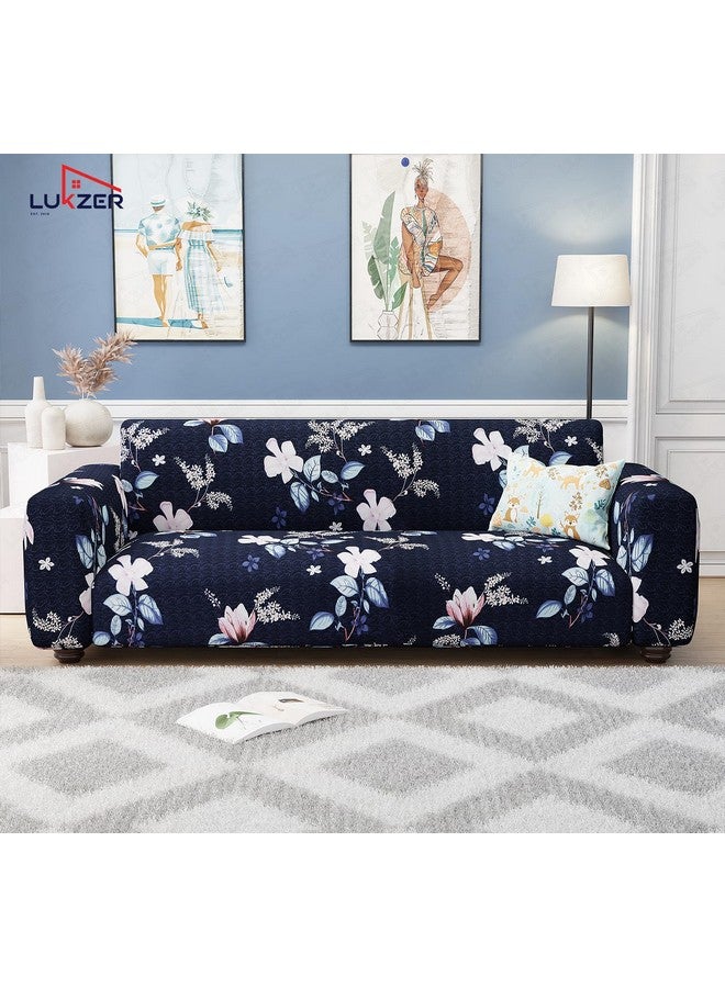 Lukzer 4 Seater Navy Blue Flower Universal Sofa Cover | 360° Fully Covered Anti-Slip Washable Couch Cover Protector | 140 GSM Stretch Fit Polyester + Spandex Slipcover (230-300cm/SC-012-04) - Image 3