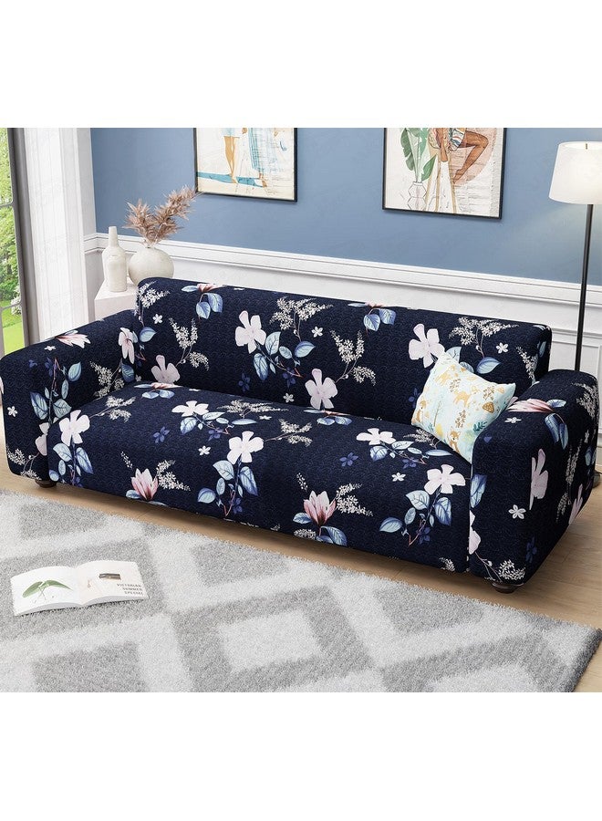 Lukzer 4 Seater Navy Blue Flower Universal Sofa Cover | 360° Fully Covered Anti-Slip Washable Couch Cover Protector | 140 GSM Stretch Fit Polyester + Spandex Slipcover (230-300cm/SC-012-04) - Image 1