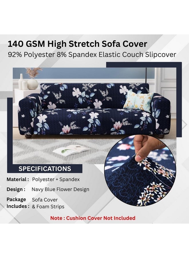 Lukzer 4 Seater Navy Blue Flower Universal Sofa Cover | 360° Fully Covered Anti-Slip Washable Couch Cover Protector | 140 GSM Stretch Fit Polyester + Spandex Slipcover (230-300cm/SC-012-04) - Image 5