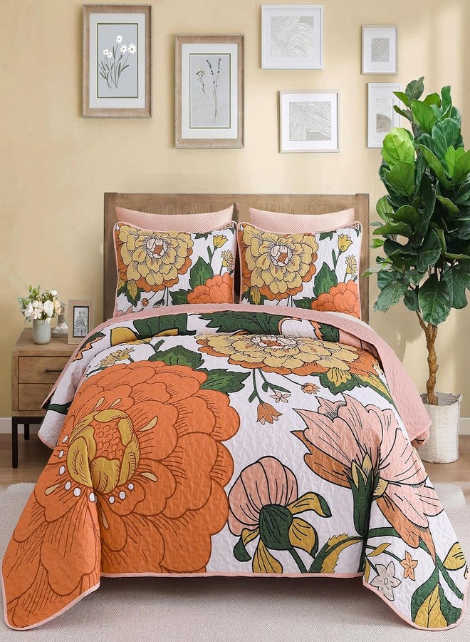 DJY Boho Floral Quilt Set Queen Size 3 Piece, Botanical Reversible Farmhouse Bedspread Coverlet White and Orange Floral Bedding Soft Microfiber Summer Quilt Bedding Set All Season (96''x90'') - Image 1