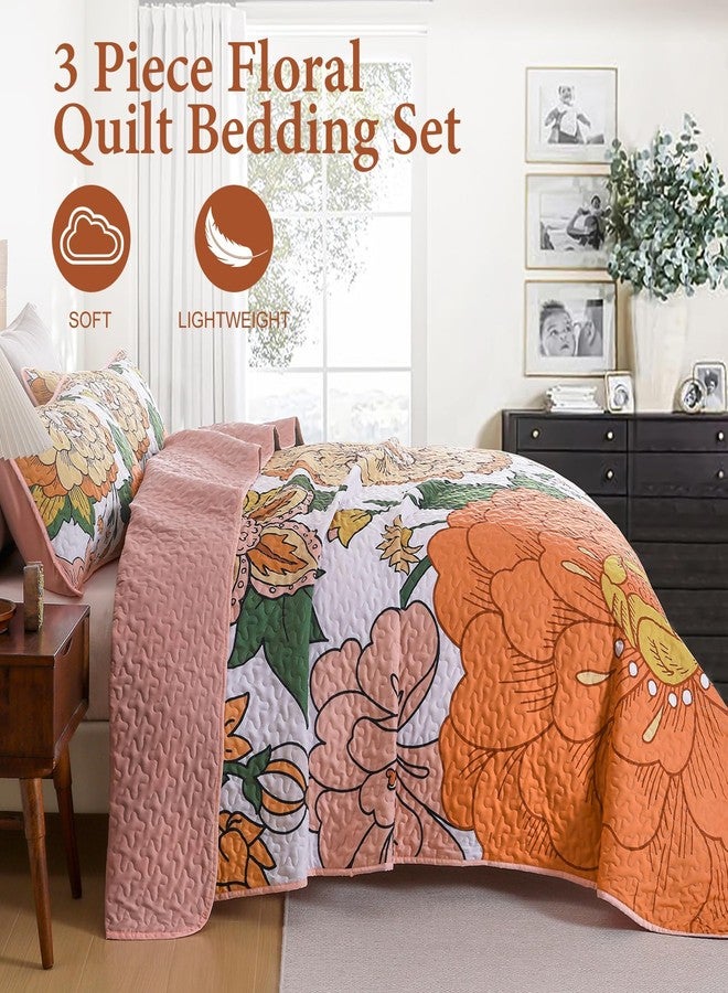 DJY Boho Floral Quilt Set Queen Size 3 Piece, Botanical Reversible Farmhouse Bedspread Coverlet White and Orange Floral Bedding Soft Microfiber Summer Quilt Bedding Set All Season (96''x90'') - Image 4