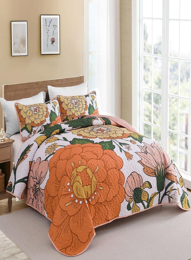 DJY Boho Floral Quilt Set Queen Size 3 Piece, Botanical Reversible Farmhouse Bedspread Coverlet White and Orange Floral Bedding Soft Microfiber Summer Quilt Bedding Set All Season (96''x90'') - Image 2