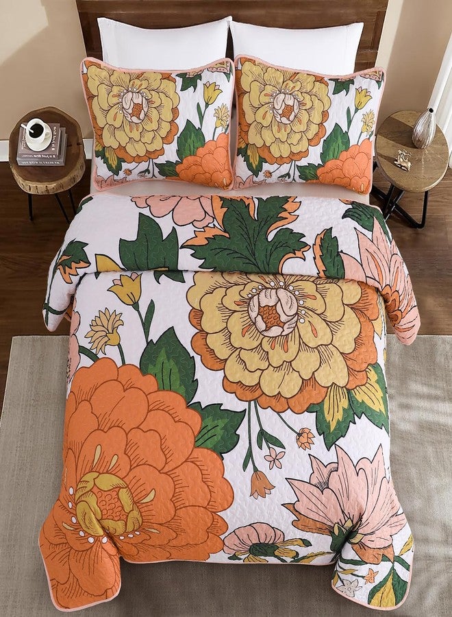 DJY Boho Floral Quilt Set Queen Size 3 Piece, Botanical Reversible Farmhouse Bedspread Coverlet White and Orange Floral Bedding Soft Microfiber Summer Quilt Bedding Set All Season (96''x90'') - Image 3