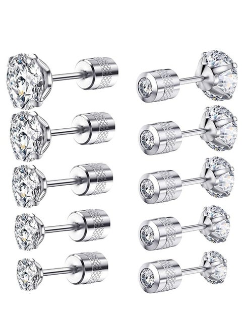 5 Paris Stud Earrings Set, Hypoallergenic Cubic Zirconia 316L Earrings Stainless Steel CZ Earrings 3-8mm (Steel color)