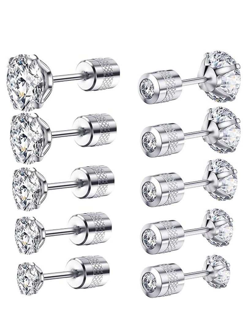 SYNSYB 5 Paris Stud Earrings Set, Hypoallergenic Cubic Zirconia 316L Earrings Stainless Steel CZ Earrings 3-8mm (Steel color)  - Image 1